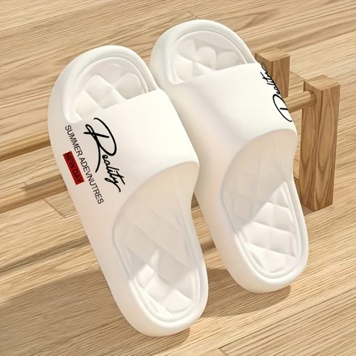 四季対応EVAスリッパ、シンプルなポジショニングプリント、多用途スリップオンカジュアルソフトソールバスルーム滑り止め、ユニセックスハウススリッパ